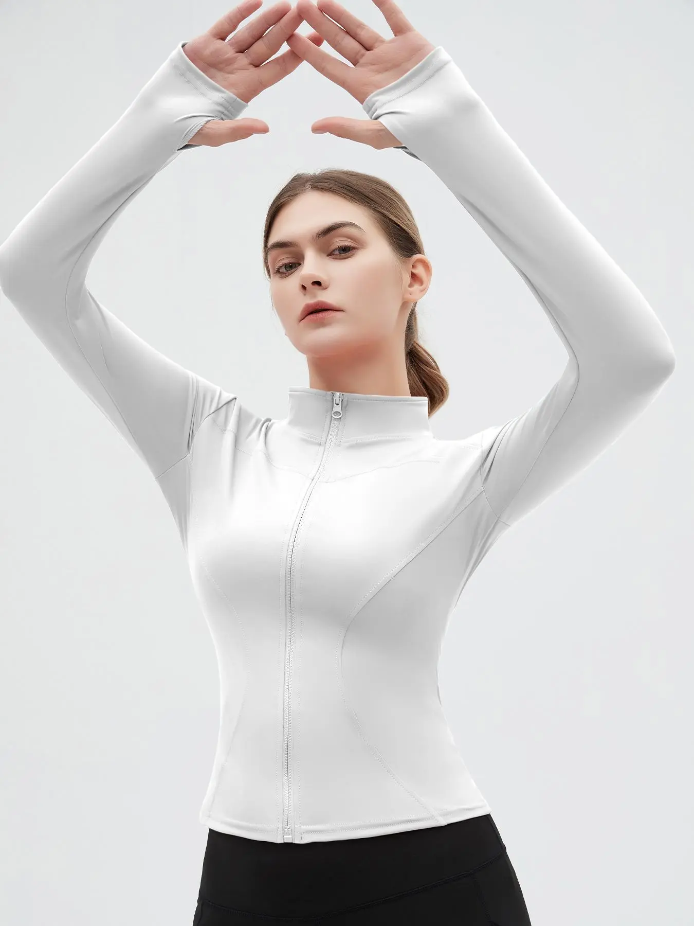 Women's Thumb Holes Solid Zip up Mock Neck Spring Sports Jacket, Long