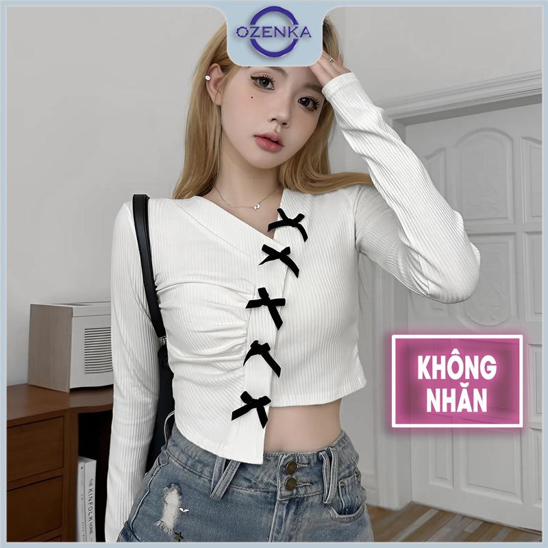 Áo croptop kiểu nữ cổ v tay dài ôm đính nơ vạt lệch ozenka , áo crt thu đông sang chảnh mặc đi chơi tối đi sự kiện Women Voi Shirt