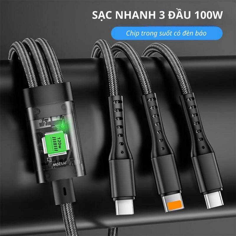 Cáp Sạc Nhanh 3 Đầu 100W - Dài 1.2m - Dây Sạc 3 Trong 1 Chống Đứt, Chống Rối. Cáp sạc điện thoại, Dây sạc 3in1 Phụ Kiện 3