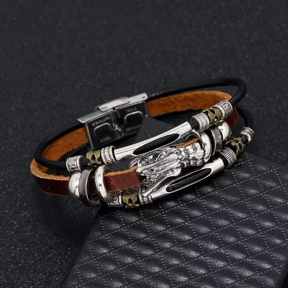 Personalized Ethnic Style Faucet Alloy Bracelet Retro Domineering Men's Genuine Leather Stainless Steel Buckle Multi-Layer Leather Strap Bracelet