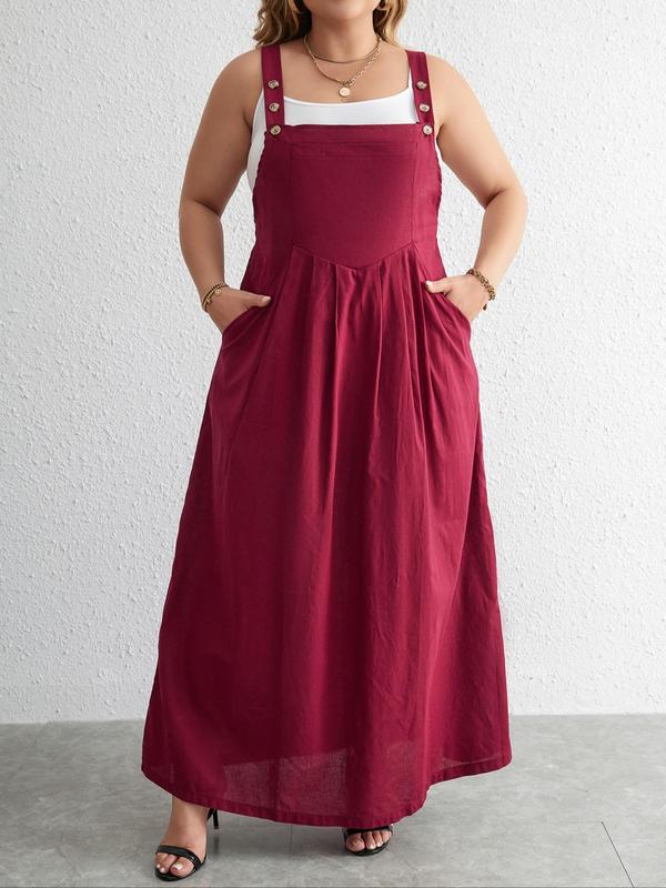 Women's Plus Size Plain Buttons Plicated Pocket Pinafore Dress without Camisole, Summer Clothes Women, Casual Square Neck Sleeveless Long Dress for Summer, Ladies Plus Clothing, Dresses Summer 2
