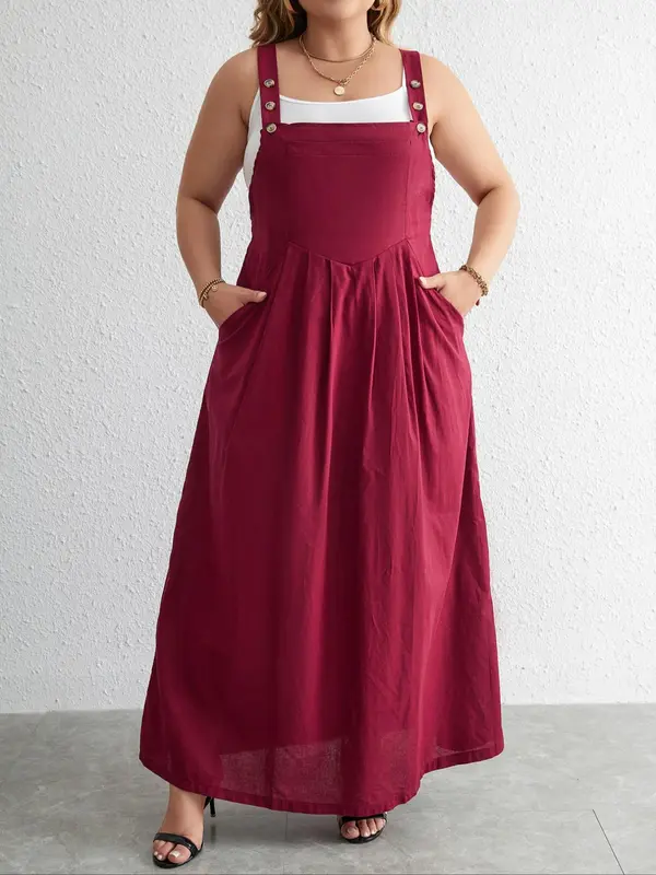 Women's Plus Size Plain Buttons Plicated Pocket Pinafore Dress without Camisole, Summer Clothes Women, Casual Square Neck Sleeveless Long Dress for Summer, Ladies Plus Clothing, Dresses Summer 2
