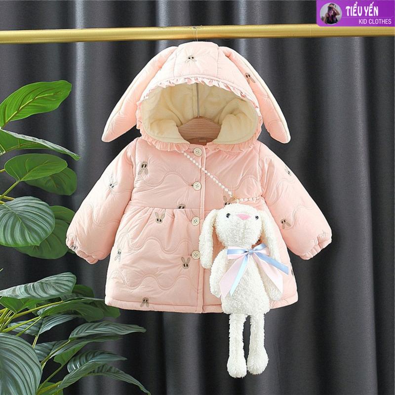   Tiểu Yến KID  AK322-Áo khoác phao bé gái thỏ hồng lót lông kèm túi thỏ bông 