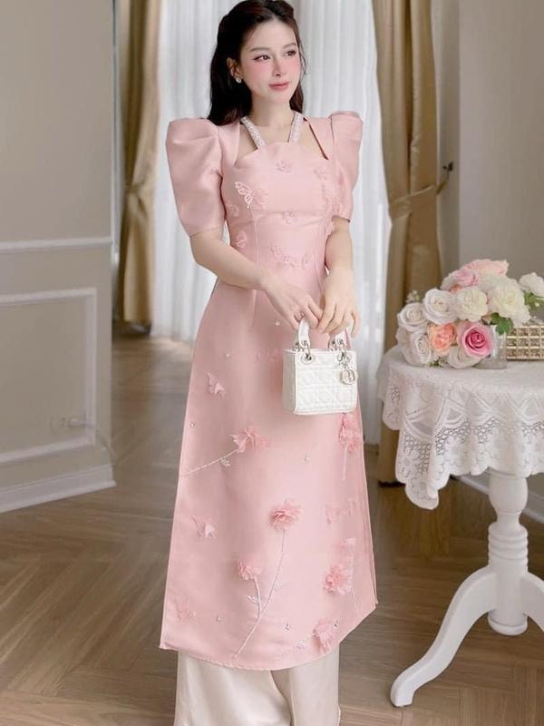  Áo  dài nữ Áo dài cách tân cổ yếm  Đính kết họa tiết cao cấp tay bồng kèm quần 