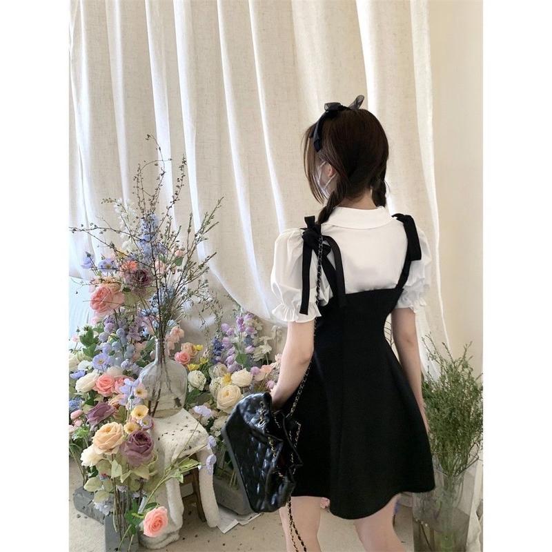 Set Váy Hai Dây Thắt Nơ Kèm Áo Sơ Mi Tay Phồng Xinh Xắn Dễ Thương Nhẹ Nhàng 3