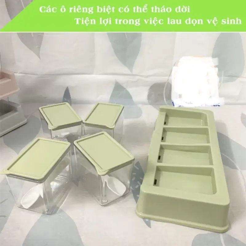 bộ hũ 4 lọ đựng gia vị có kèm thìa nắp đậy tiện lợi nhựa trong suốt (2939) 1