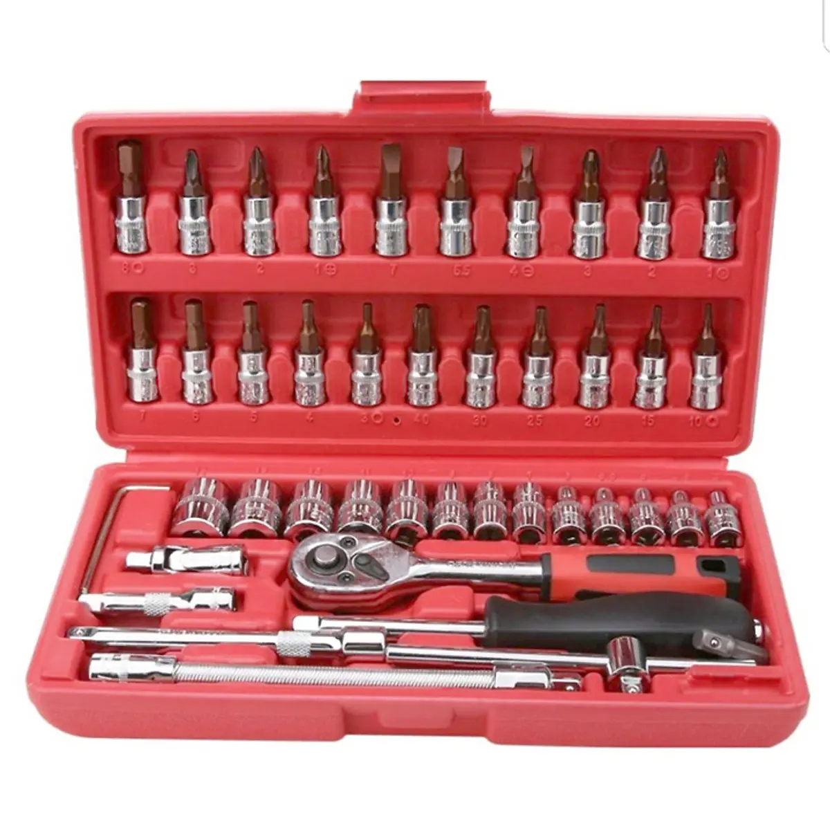 (Kích thước hộp 23x13x5cm) Bộ dụng cụ 46 chi tiết bao gồm hộp nhựa,sửa chữa gia đình,mở bu lông ốc vít, sửa chữa xe máy, xe đạp, mở ốc từ 4-14mm, chất liệu thép, màu đỏ