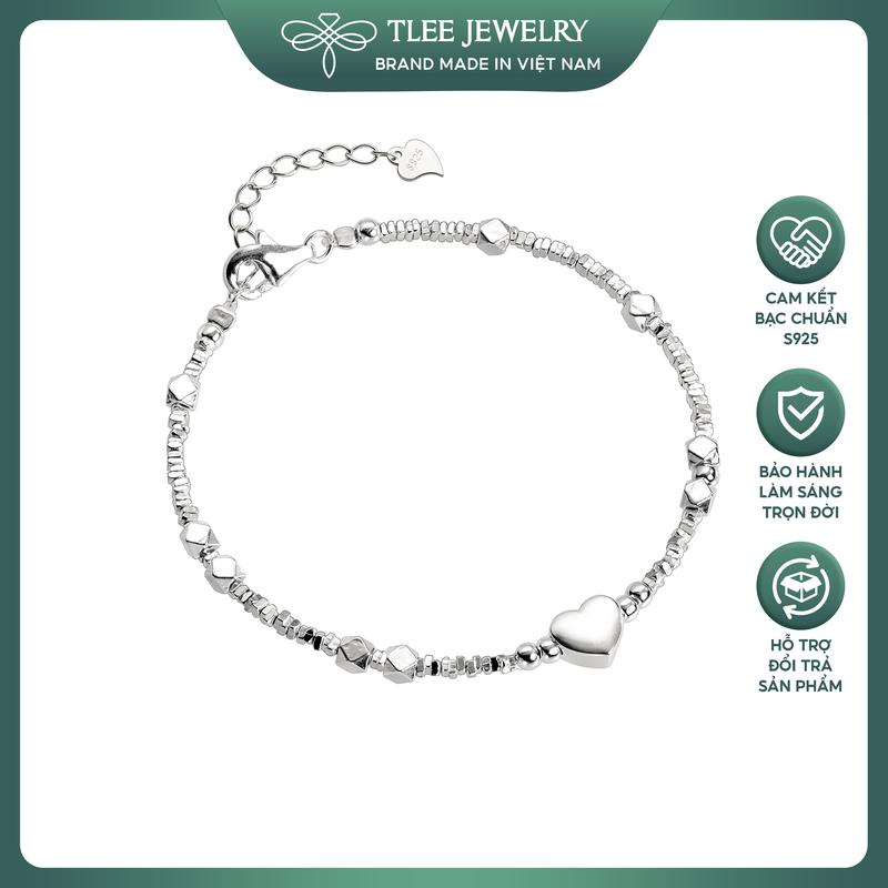 Lắc chân bạc nữ TLEE hạt vỡ mix Charm trái tim bóng và hạt bi phay lục giác TLEE JEWELRY LC0112
