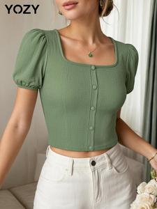 YOZY Women's Plain Puff Sleeve Square Neck Tee, Casual Short Sleeve Button Top for Summer, Ladies Clothes for Daily Wear