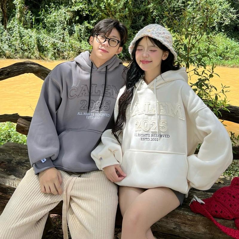 Calem.club - Áo nỉ Hoodie chui đầu CALEM 2025 chữ đắp vải Nón To form rộng unisex nam nữ chất nỉ bông áo khoác thu đông dài tay
