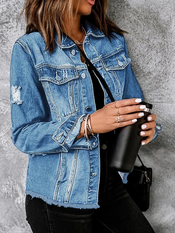 Women's Plain Ripped Button Front Denim Jacket, Casual Long Sleeve Collared Raw Hem Jacket for Daily Wear, Ladies Clothes for All Seasons 3