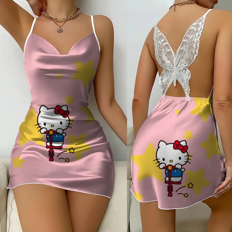 Váy Ngủ, Sanrio, Dành Cho Nữ, Bộ Sưu Tập In Hình Hello Kitty Mùa Hè Mới, Ren Satin Bướm, Hở Lưng, Gợi Cảm, Thanh Lịch Và Đơn Giản, Thích Hợp Dự Tiệc, Váy Ngủ 7