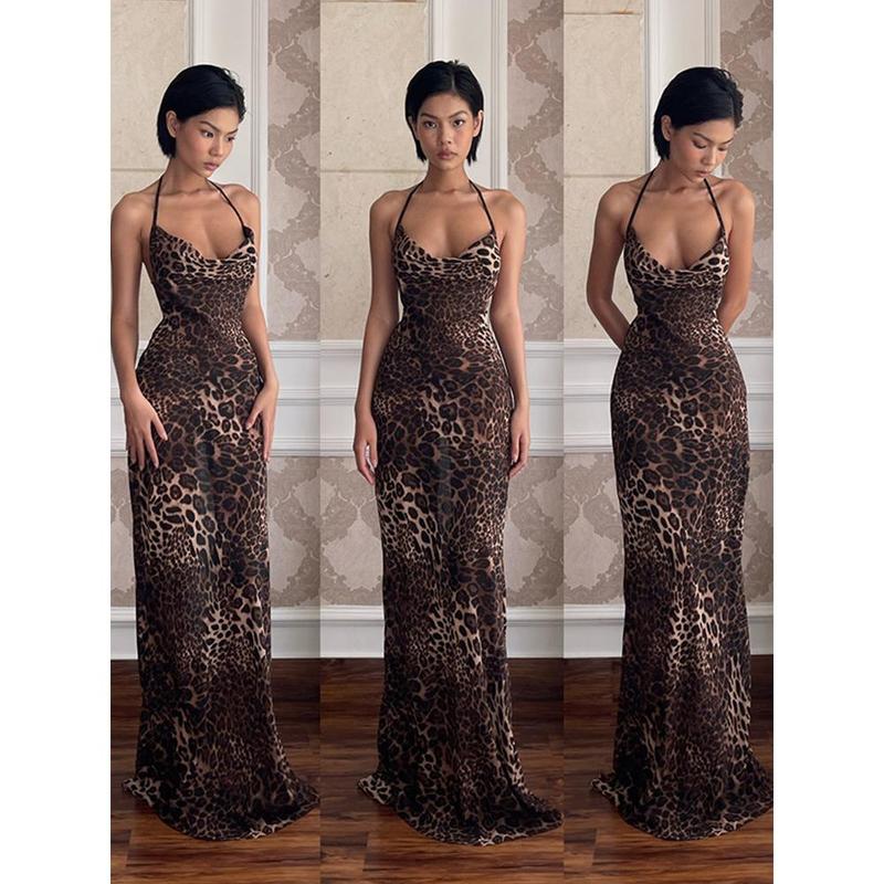 Váy Hở Lưng Họa Tiết Da Báo, Cổ Chữ V, Buộc Dây, Váy Dài Mùa Hè, Váy Treo Nữ, Váy Bodycon, Cô Gái Nóng Bỏng Cf2483sko Women Dress Kem Women Dress 3