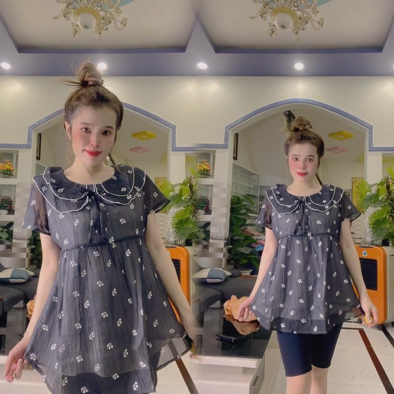 Áo Bầu Voan Kiểu Cổ bèo 2 Lớp Form Rộng Dáng Tiểu Thư Bồng Bềnh Hàn Quốc-Nút điều chỉnh hai bên(45-95kg) 7