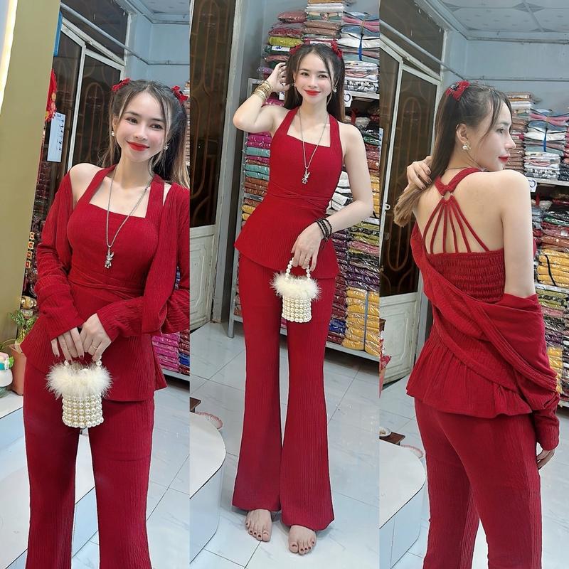 Mã C117 Sét 3 Món Thun Xốp Áo Kiểu Dây Lưng Nhúng thun Có Mút+Quần Ống Loe+ Áo Khoác Ngoài