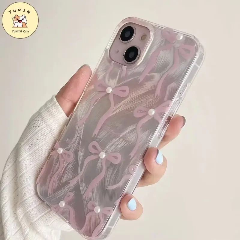 Sarung Ikat Mutiara Mewah Manis Lucu Untuk Perempuan Kompatibel Untuk IPhone 11 7Plus XR 11 13 15 14 12 Pro Max 8Plus X XS MAX 15 6S 6 Plus SE 2022 Sarung Lembut TPU Benang Bulu 1
