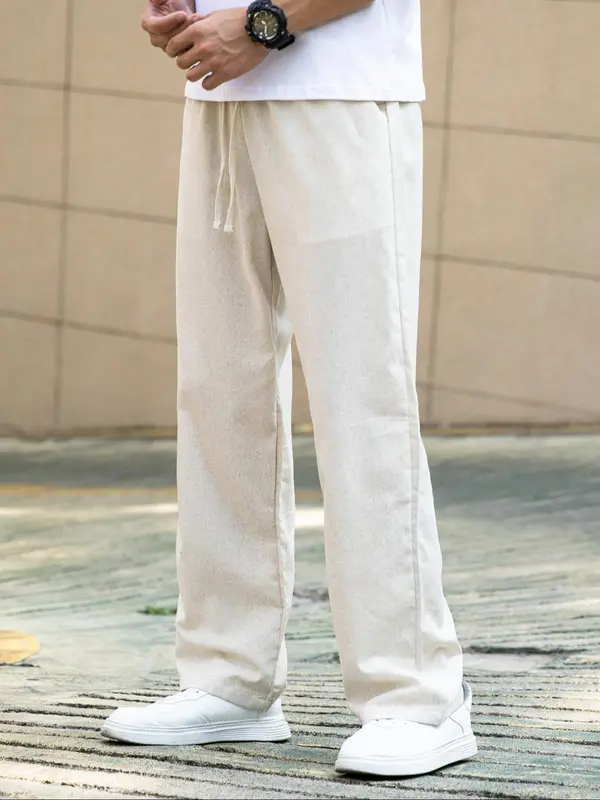 Men's Solid Linen Pants, Loose Casual Comfy Straight Leg Trousers for Spring & Fall, Men Bottoms for Daily Wear, Beige 2