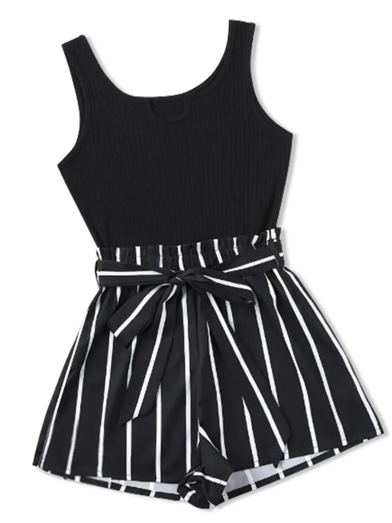 Two-piece Set Women's Plain Ribbed Crop Tank Top & Striped Print Belted Paper Bag Waist Shorts Set, Casual Scoop Neck Crop Tank & High Waist Shorts for Summer,  Travel