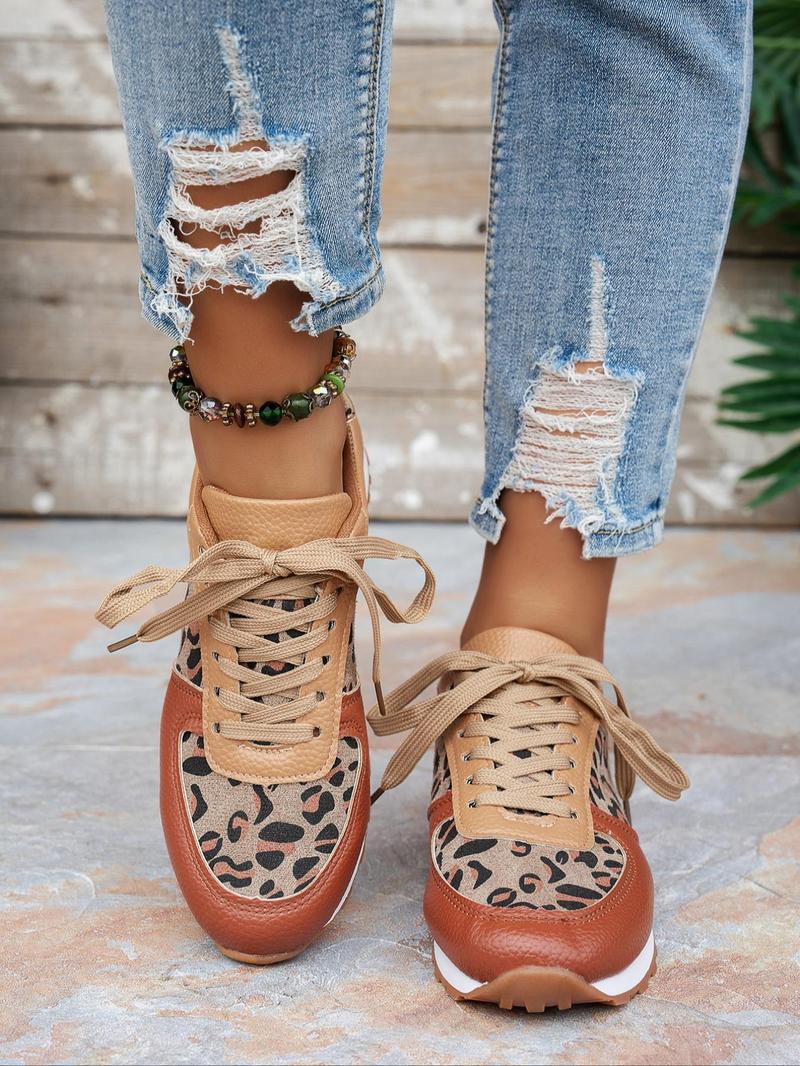 Product Introduction of Women's Fashion Leopard Print Lace Up Low Top Sneakers, Casual Comfortable Lightweight Sports Shoes, Female All-match Round Toe Shoes for Daily Wear 7
