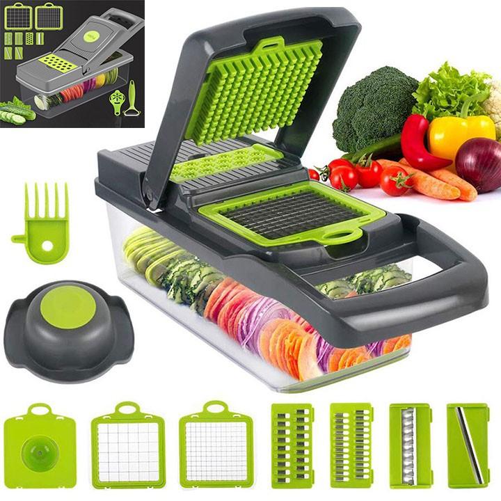 Máy Cắt Rau Quả Đa Năng Cao Cấp - Bộ 14 Dụng Cụ Bào Rau Củ Với 8 Lưỡi Dao Cắt Thái Gọt Nạo Bào Sợi Tiện Lợi, An Toàn