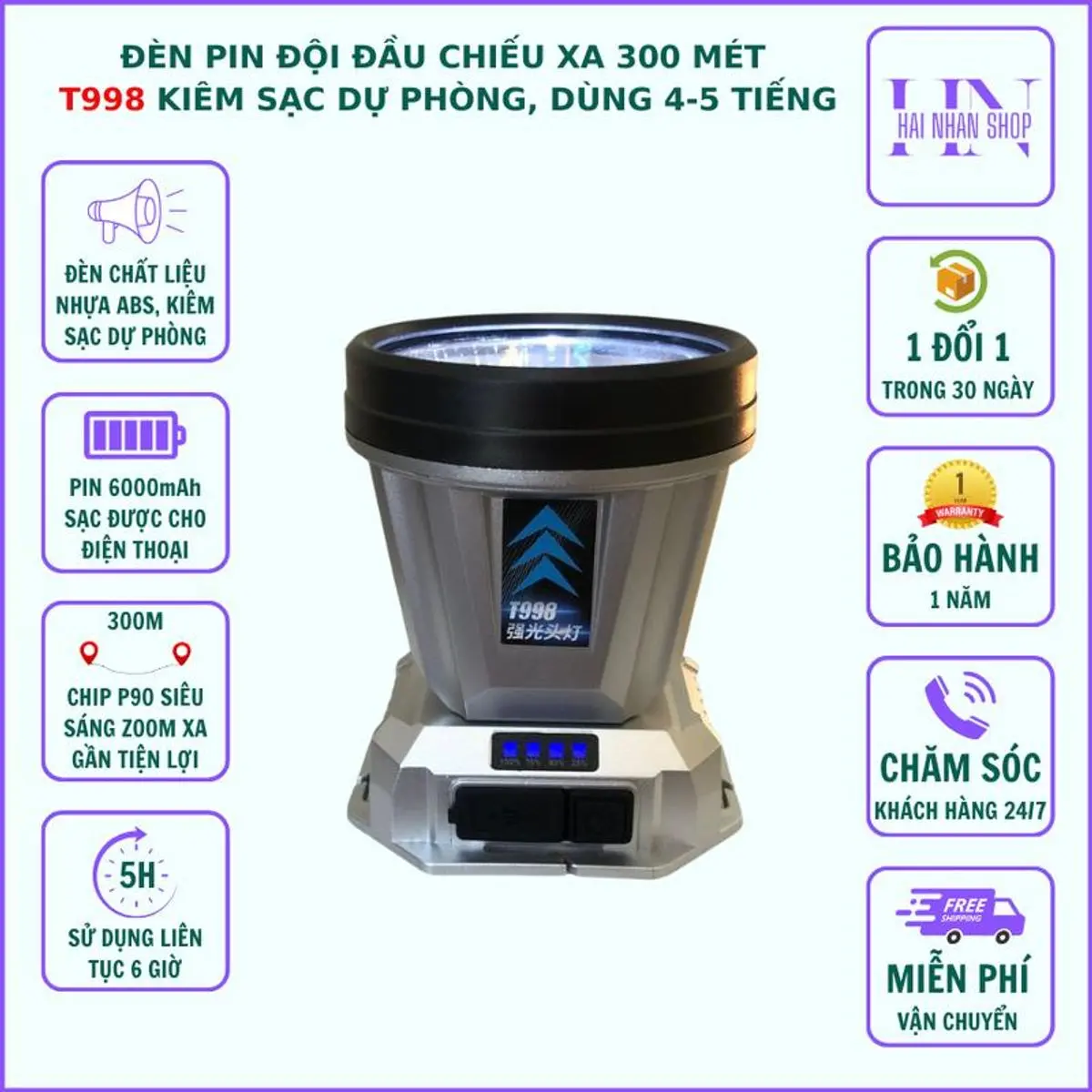 Đèn PIN đội đầu T998 - Chống nước - Pin trâu - Kiêm sạc dự phòng - Dùng 4-5 tiếng liên tục