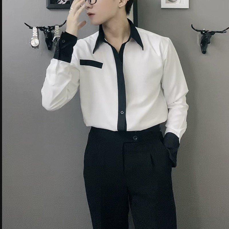 Áo sơ mi nam vải cotton lạnh 2 màu đen trắng phối túi, cổ tay GUSSET MEN SMP03 5