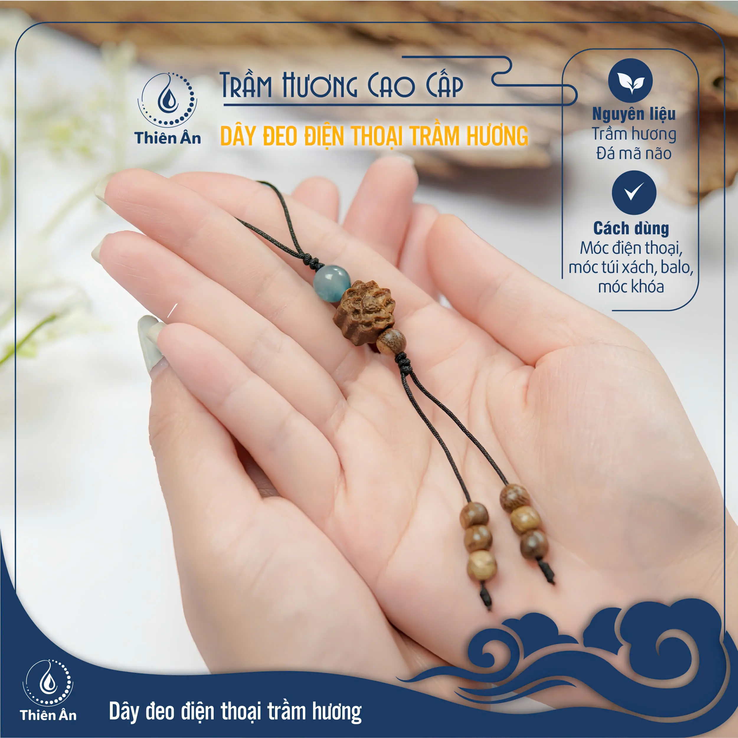 Dây đeo điện thoại trầm hương - đá mã não - Kỳ Nam Anh