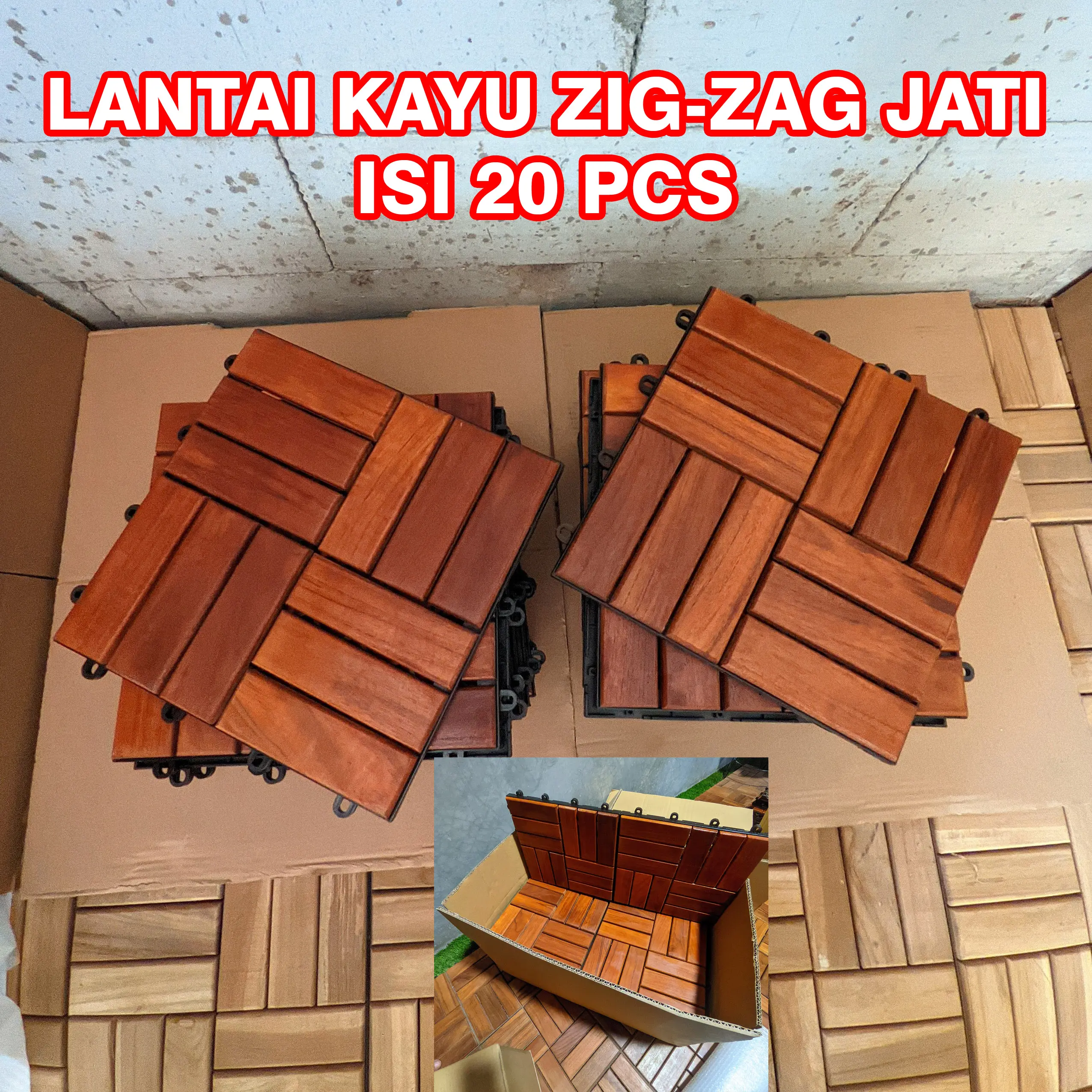 Lantai Kayu Jati Zig-Zag Paket 1 Dus Isi 20 pcs Decking Tile Parket Bongkar Pasang  30 x 30 cm | Pvc