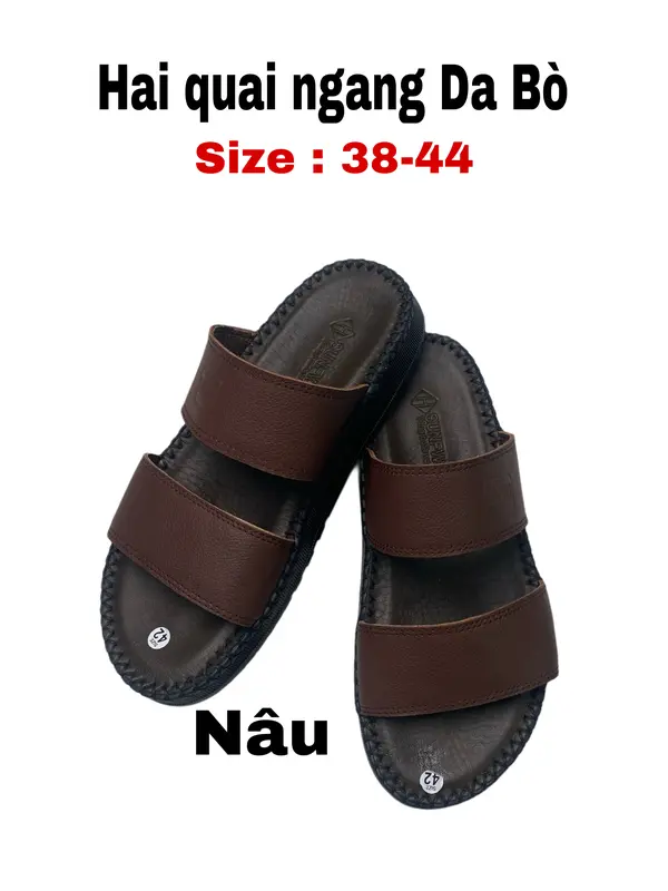 Dép DR Nam hai quai ngang , dép da bò thật may tay thủ công ,có size từ 38-44 dép đế bằng 2
