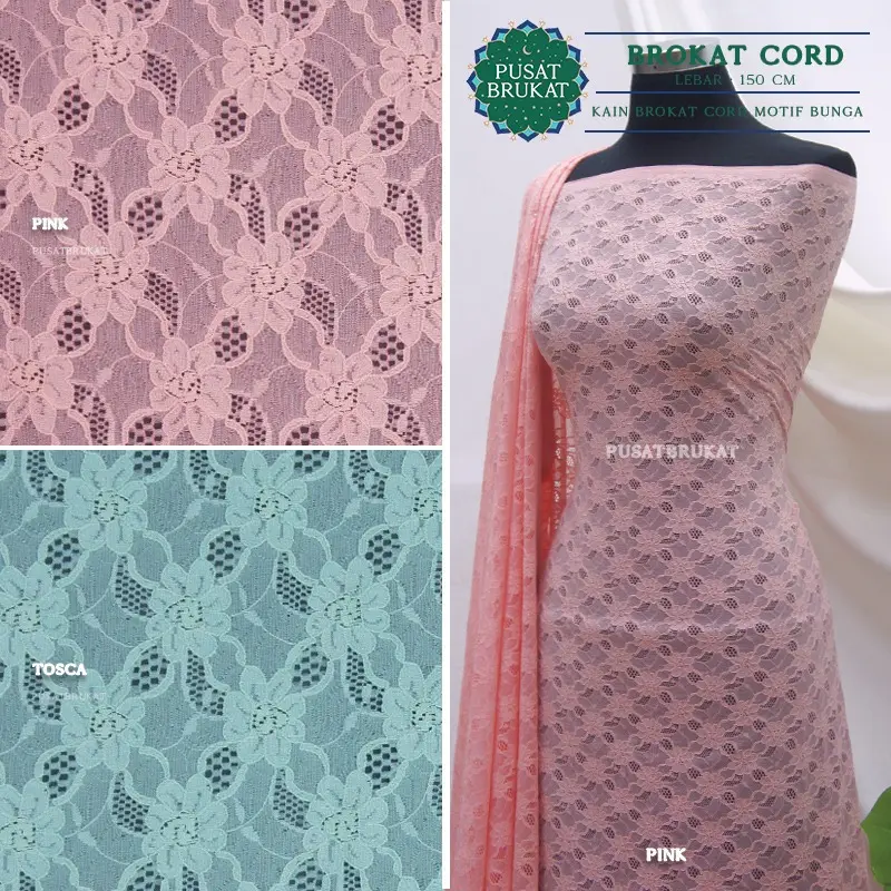 KAIN BRUKAT CORD / BAHAN BROKAT LACE METERAN KEBAYA WARNA SOFT, PBY 7146 ROSIE LEBAR 150CM [Harga per 0.5m] Pink 1
