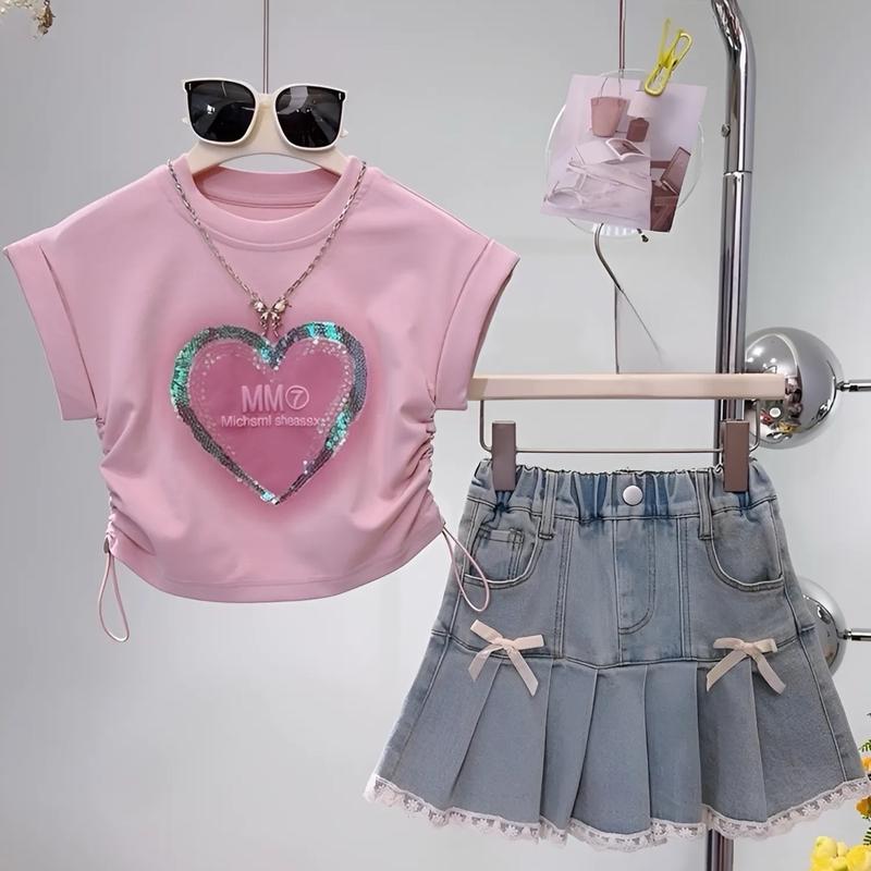 [Ongkis]Sét bộ áo tim hồng in tim 3D,chân váy jean mềm dáng xếp ly may ren họa tiết nơ cho bé saz 8-30kg