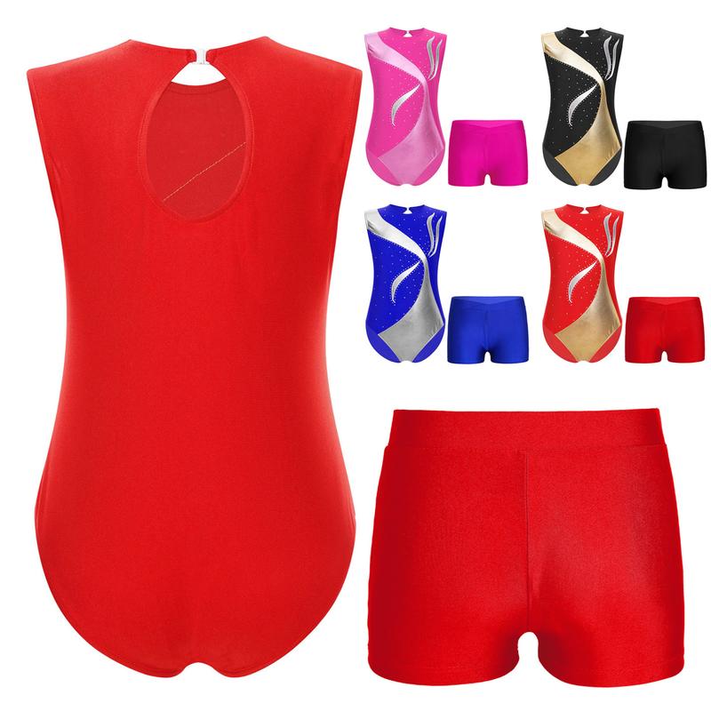 TTAO Kids Girls Sleeveless Gymnastics Ballet Dance Leotard Sparkly Unitard Biketard Athletic Bodysuit with Shorts Set 0