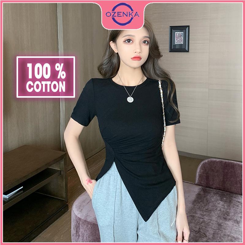Áo thun croptop sẻ tà tay ngắn cổ tròn nữ OZENKA , áo crt kiểu Hàn Quốc ôm body màu đen trắng đẹp mặc đi học dưới 50 cân Cotton