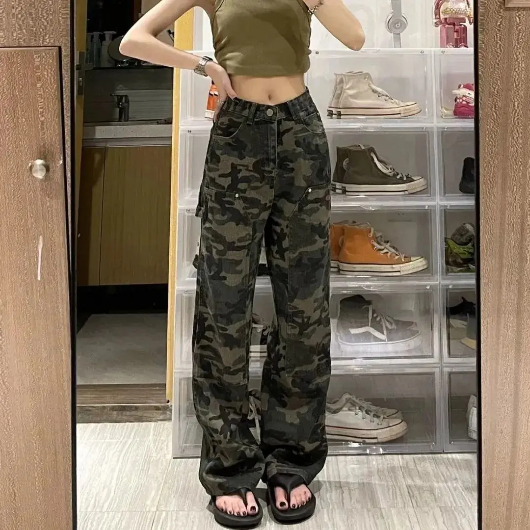 Women's Retro Camouflage Workwear Pants High Street Hip Hop Dancing Straight-Leg Pants