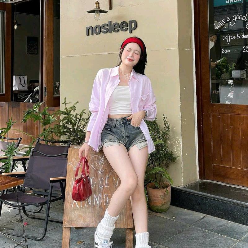 Áo  sơ-mi dáng rộng kẻ sọc cổ đức nơ sau bảng màu pastel xinh xắn 8