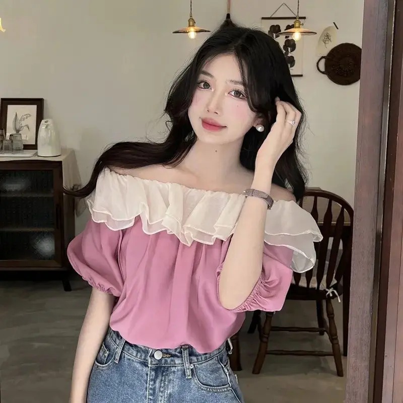 [Costars puff sleeves] age-reducing sweet off-shoulder top WOMEN'S shirt 2024 Summer new chic ruffled puff short sleeve shirt sexy puff sleeve