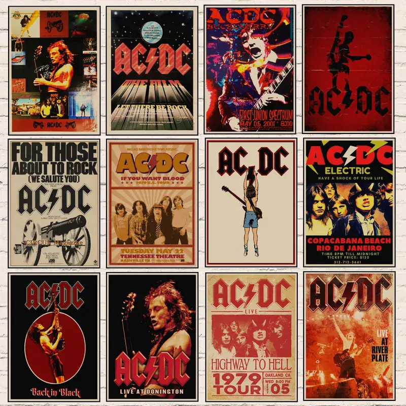 โปสเตอร์ย้อนยุค AC∕DC Band, 53 แบบ, ภาพวาดศิลปะรูปลอกบ้านกีต้าร์, สติ๊กเกอร์ติดผนัง, โปสเตอร์กระดาษคราฟท์, เหมาะสำหรับร้านกาแฟและบาร์โปสเตอร์