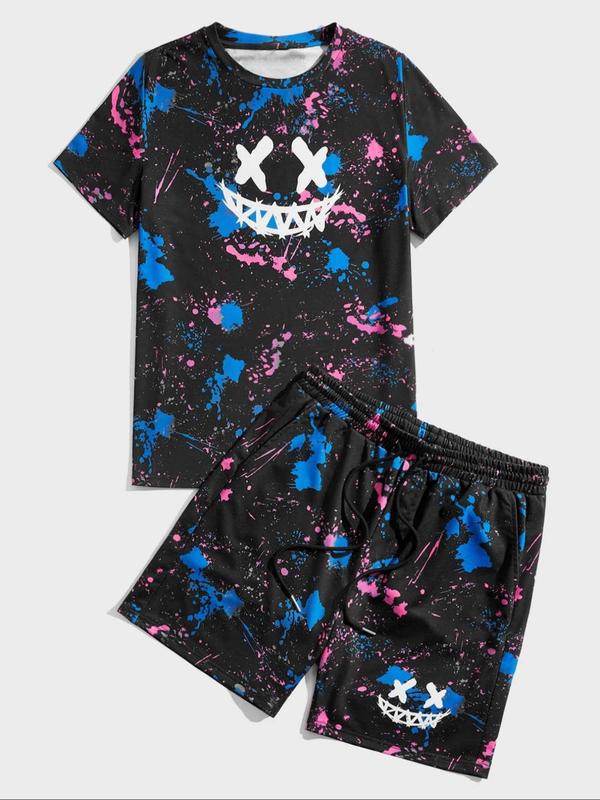 2 Counts Men's All Over Spalsh Ink Print Tee & Elastic Waist Shorts Set, Cartoon Face Print Round Neck T-shirt & Sweat Shorts, Casual Fashion Cozy Breathable Men Two-piece Outfits for Summer Daily Workout 2