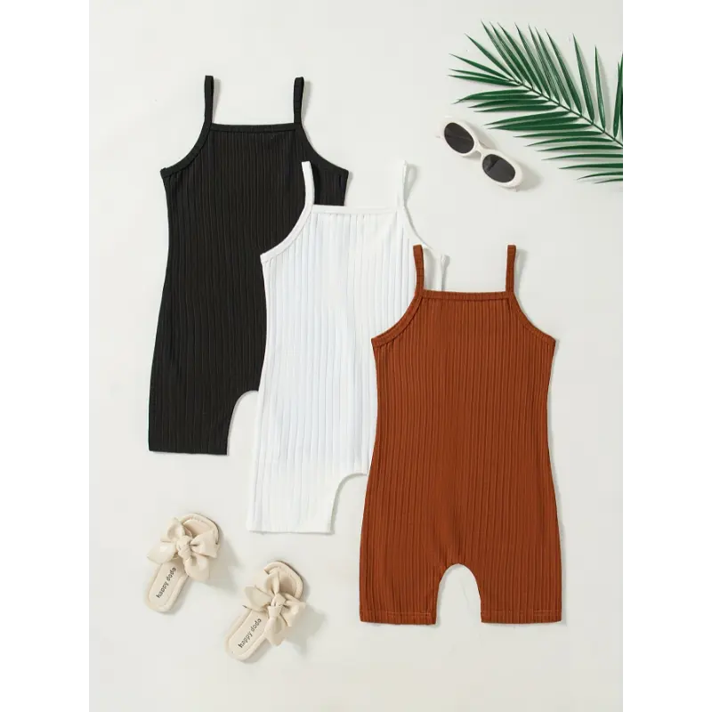 Summer Solid Color 3pcs Ribbed Cami Jumpsuit Set - Perfect for Outdoor Gift 3