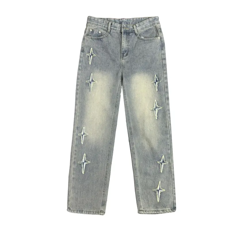 Quần Jean Nam Nữ form suông, ống đứng ống rộng Có Túi 8 sao 4 cánh may mắn Menswear Pants Ong rộng 5