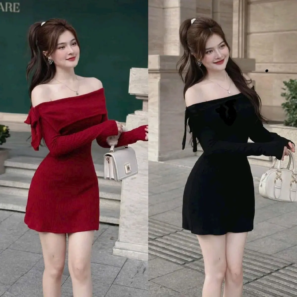 Đầm Trễ Vai Phối Nơ Tay dài tôn dáng sang Trọng phong cách đi tiệc Dress