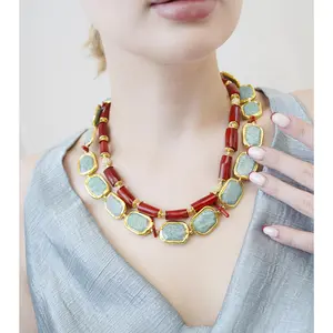 Kalung dengan Untaian Batu Koral Merah dan Amazonite Bergaya Vintage - Ellyhan Jewelry