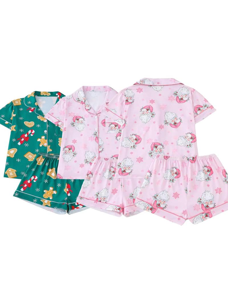 Product Introduction of 【Plus Size】 Two-piece Set Pumpkin & Skull Print Lapel Neck Pocket Shirt & Elastic Waist Shorts Pyjama Set, Halloween Casual Comfy Short Sleeve Button Up Top & Shorts Pj Set, Halloween Pajamas, Christmas Pajamas, Pyjamas for Women 8