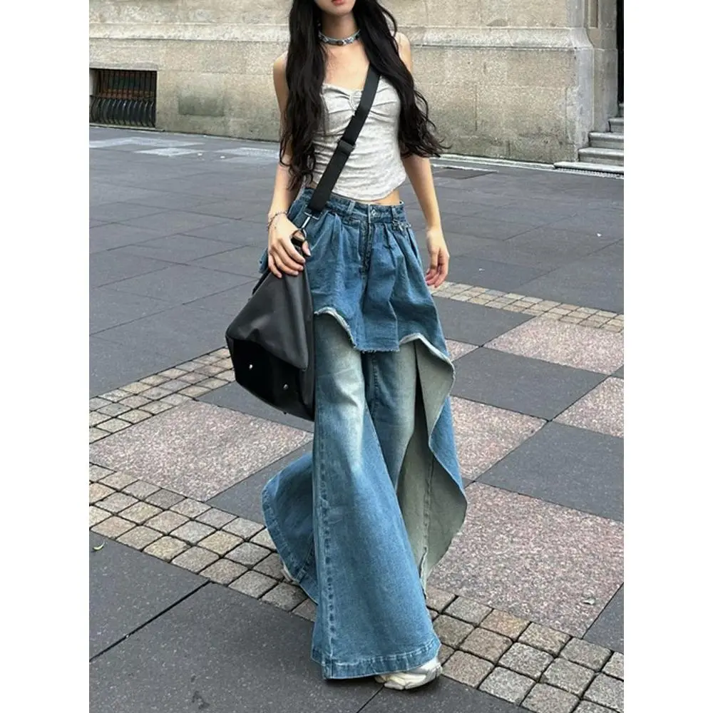 Quần Jean Giả Hai Mảnh, Bất Đối Xứng, Thiết Kế Cổ Điển Chi Tiết Thêu Nữ Women Pants Denim