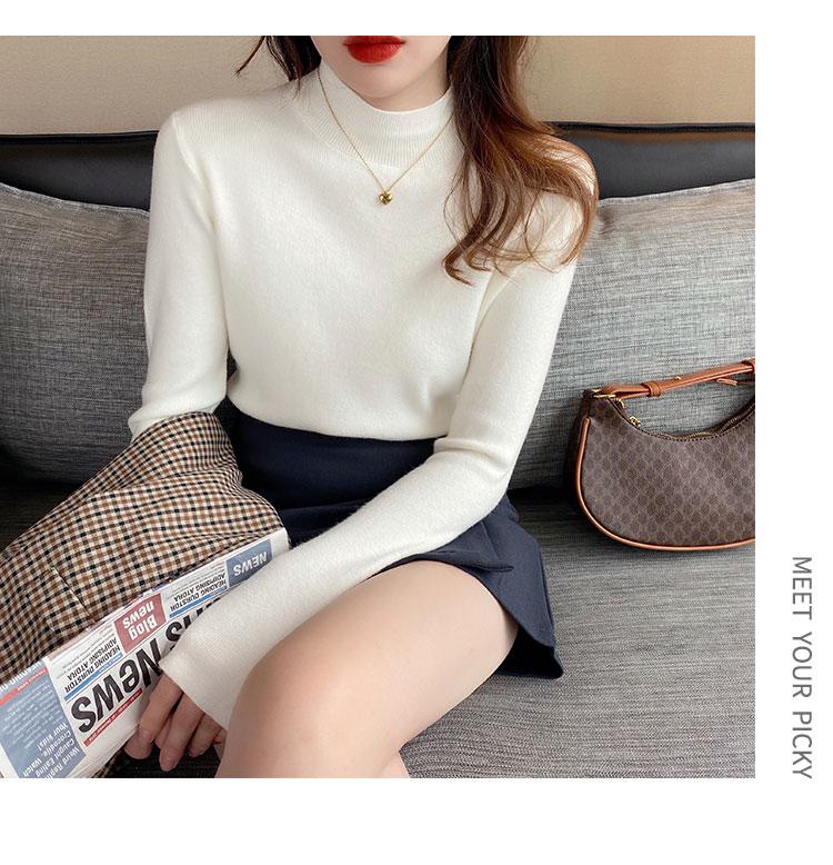 Product Introduction of High-End Western Style Inner Wear Bottoming Shirt for Women 2024 Spring and Autumn New Style Wooden Ear Mock Neck Sweater Knitwear Top 24