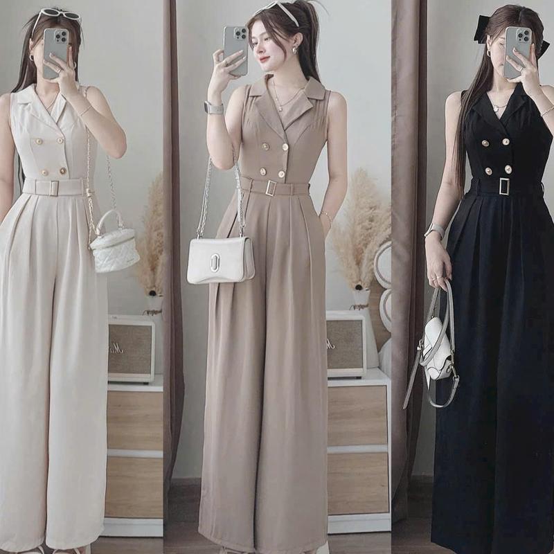  Set jum nữ cotton lạnh thiết kế áo cộc tay cổ vét dính nút quần dài rộng kèm nịt sang chảnh dành cho các nàng diện di chơi,di tiệc.  Women 