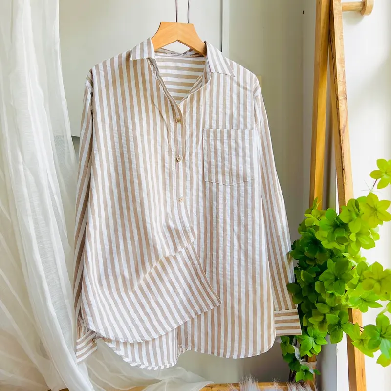 ( XÃ KHO ) Áo Sơ Mi Nữ Tay Dài Phom Rộng Chất Coton Đũi Mềm Mát Có Túi - Women's Top Shirt Kem Voi Nhung 6