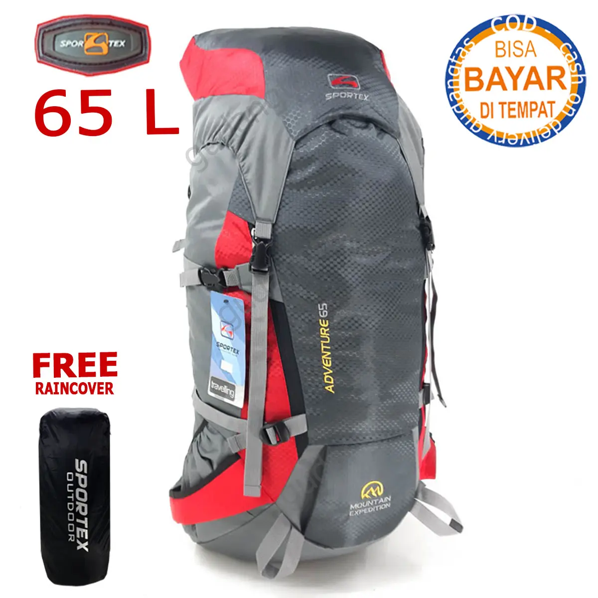 Sportex  Tas Gunung 0207 Abu Muda Backpack Ransel Pria Outdoor Keril Tas Carrier Tas Camping Tas Hiking 65L GuDangTas