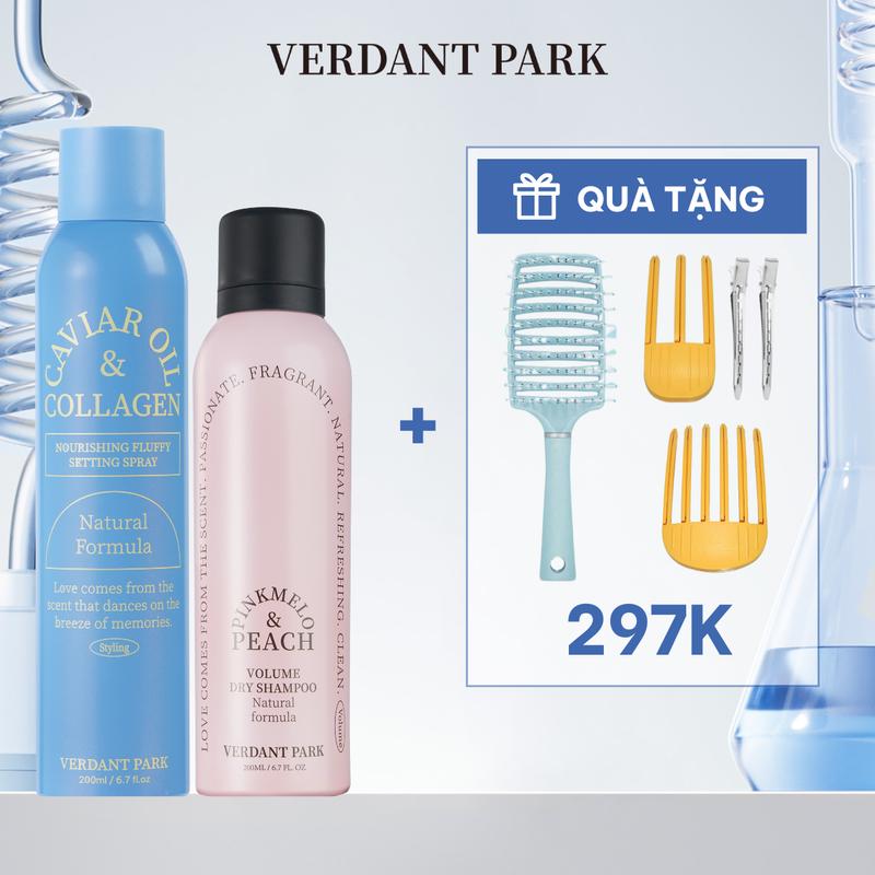 Combo xịt dưỡng giữ phồng tóc và xịt khô phồng tóc VERDANT PARK gel tạo kiểu tóc lâu bết giữ nếp tóc không gây cứng tóc Caviar Oil & Collagen Nourishing Fluffy Setting Spray dầu gội khô kiềm dầu lâu bết Pinkmelo Peach Verdantpark COMBO83 COMBO84
