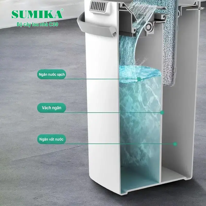 Bộ cây lau nhà SUMIKA C39, thùng lau nhà 2 ngăn tự vắt thông minh, chổi lau sàn nhà 360 độ, 2 bông lau, 1 móc treo cây lau sàn 5